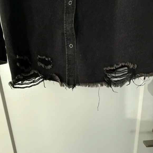 Distressed Black Denim Button Down - Picture 2 of 4